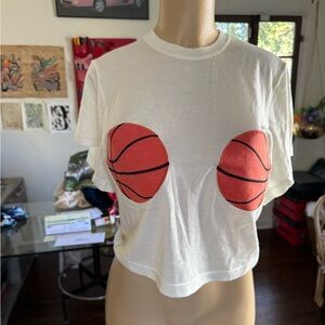 Fashion Brand Company Off White Short Sleeve Cropped T-Shirt w/ Basketball Boobs